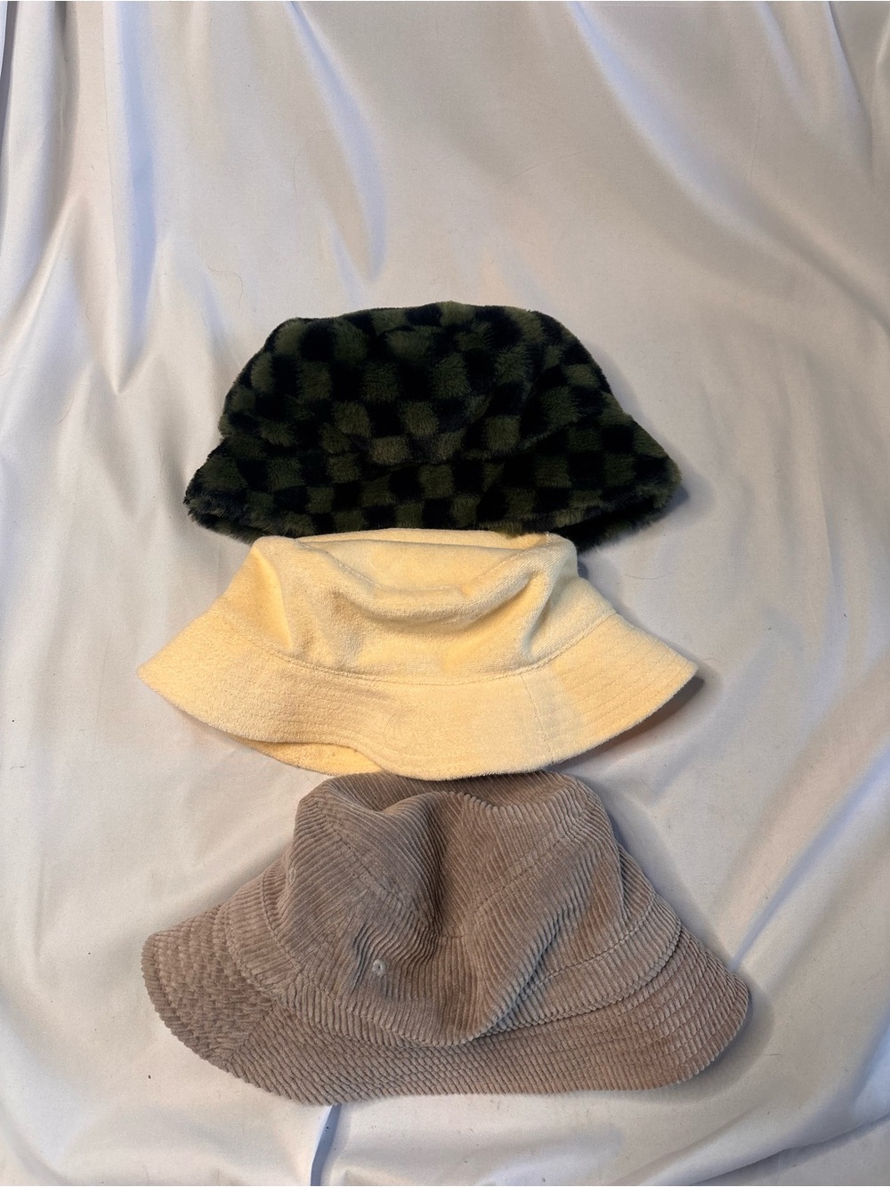Bucket Hat Trio - Green Checkered, yellow, and Taupe